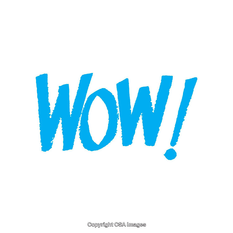 Blue Text Wow! on White Background in Handwritten Style