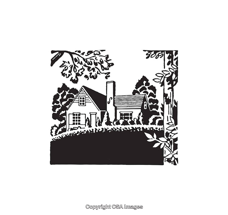 Charming Cottage Home Surrounded by Lush Trees in Black and White Artwork