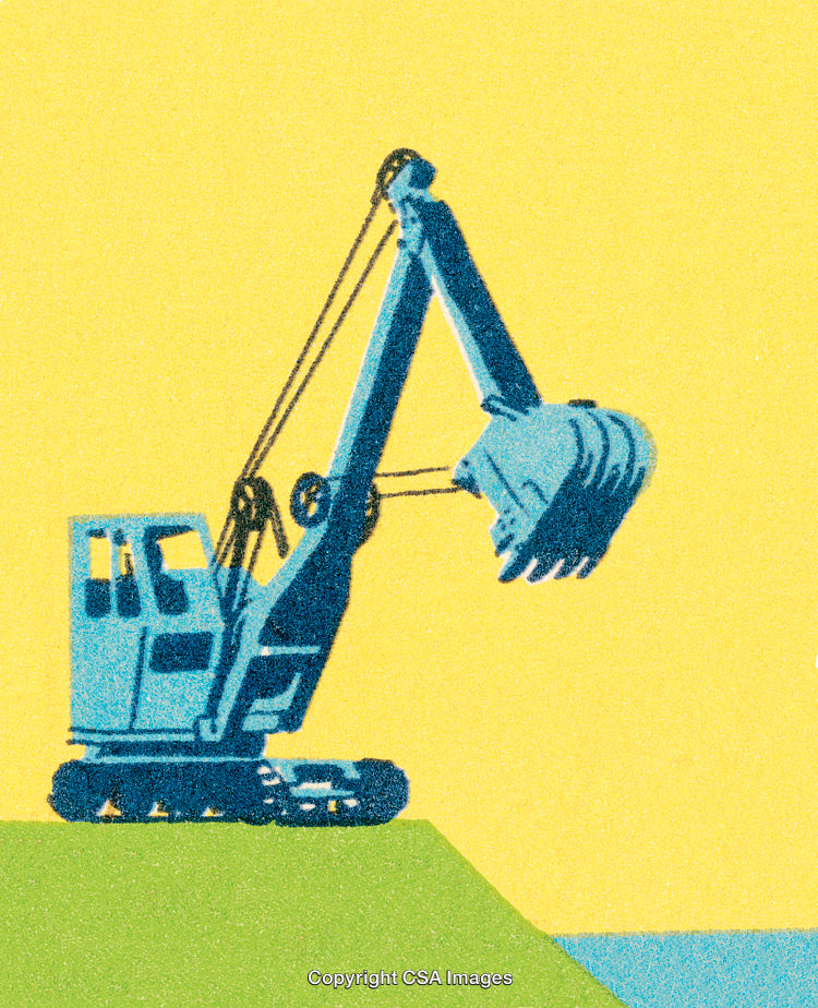 Illustration of a Blue Excavator Machine on a Yellow Background