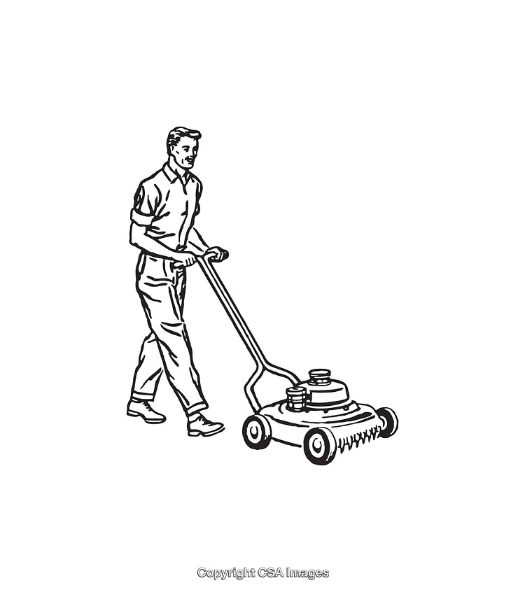 Black And White Line Art of a Man Mowing a Lawn
