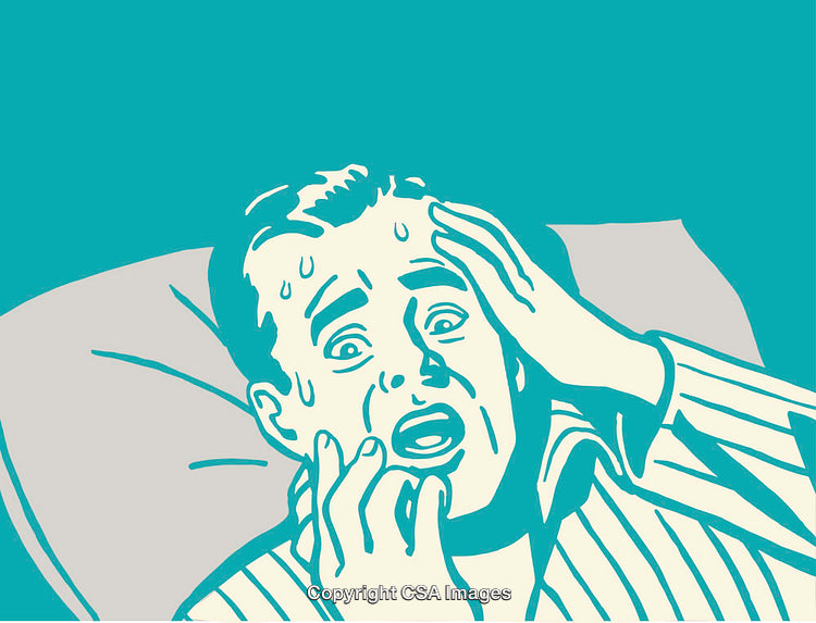 Retro Style Line Art Depicting a Surprised Man in Bed