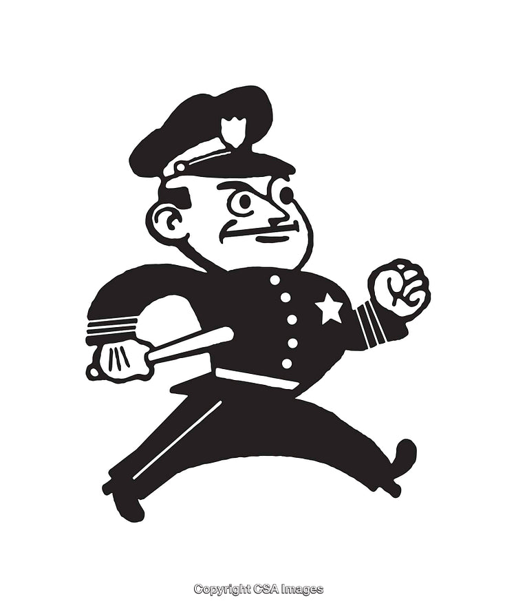 Black and White Line Art of a Running Police Officer Character