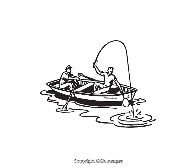 Two Men Fishing in a Rowboat on Calm Water in Line Art