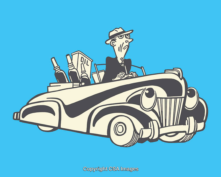 Line Art Illustration of a Man Driving a Classic Car