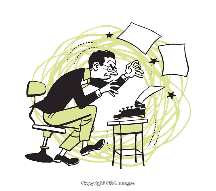 Frustrated Writer Typing at a Desk with Flying Papers Everywhere