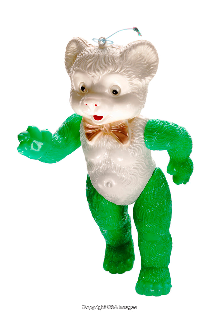 Colorful Plastic Bear Toy with Green Limbs and Golden Bow Tie