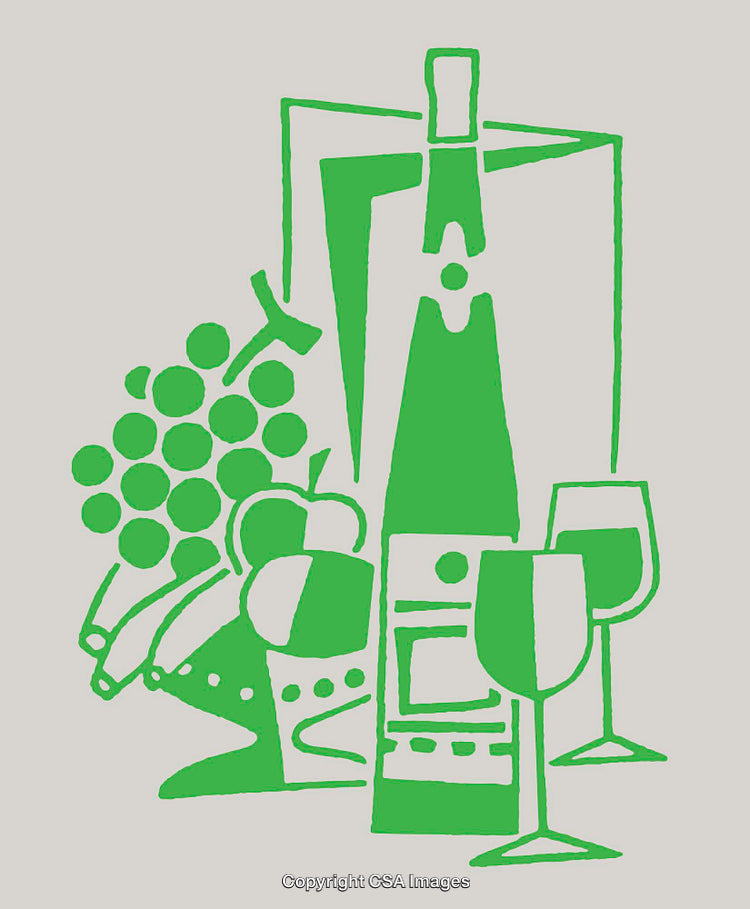 Stylized Green Line Art of Wine, Fruits, and Glasses