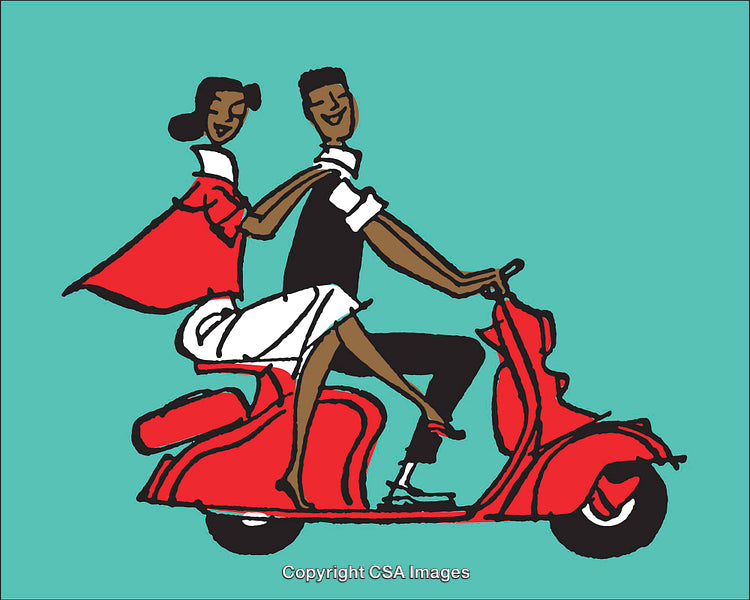 Couple Riding a Red Scooter in a Joyful Illustration