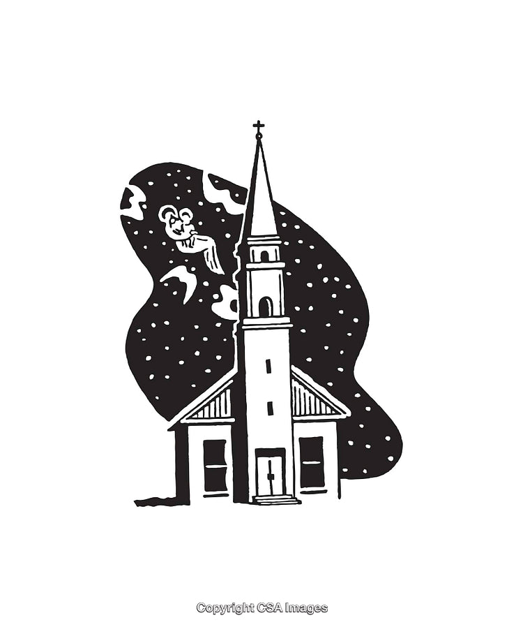 Black And White Line Art of Church with Starry Background