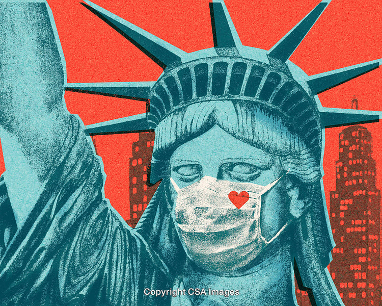 Statue of Liberty Wearing a Face Mask with a Heart Symbol Over a Cityscape