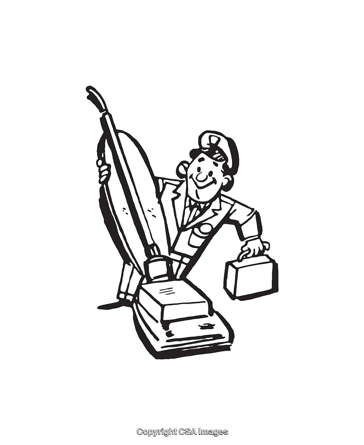 Cartoon Illustration of a Vacuum Cleaner Salesman in Classic Line Art Style