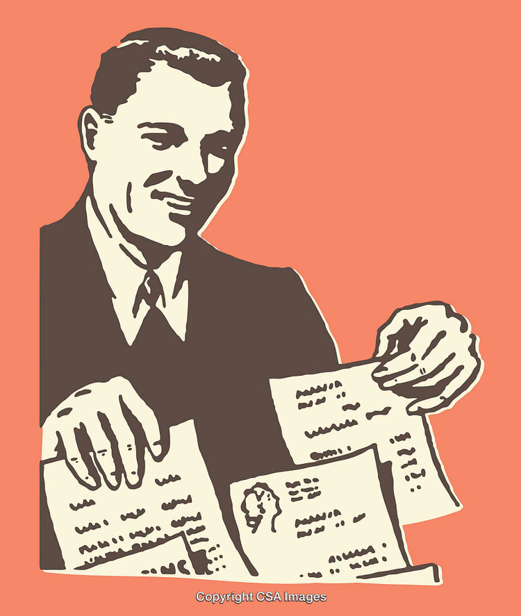 Retro Style Businessman Reviewing Papers With Enthusiasm and Confidence