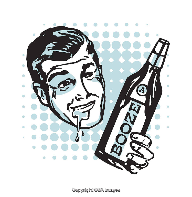 Retro Style Illustration Featuring Man Holding Liquor Bottle in Whimsical Style