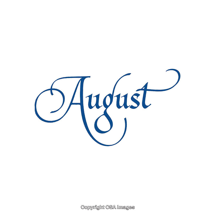 Elegant Blue Calligraphy of the Word 'August' on White Background