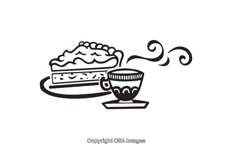 Black And White Line Art Illustration of Pie and Tea