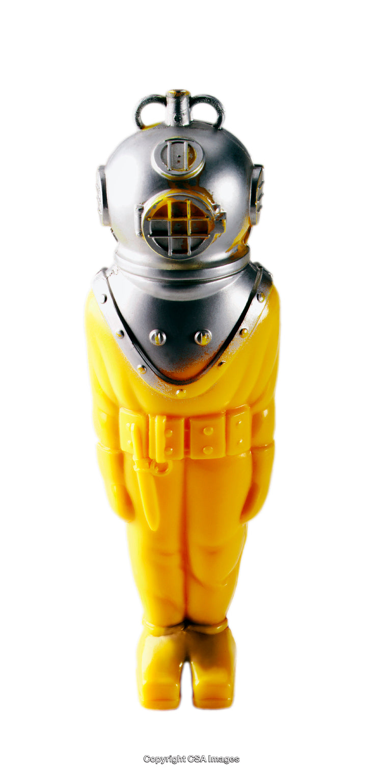 Yellow Plastic Toy Figure Wearing a Silver Diving Helmet