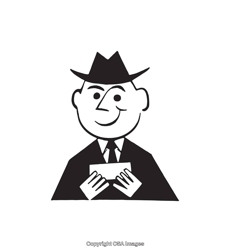 Vintage Black and White Businessman Illustration Holding a Card