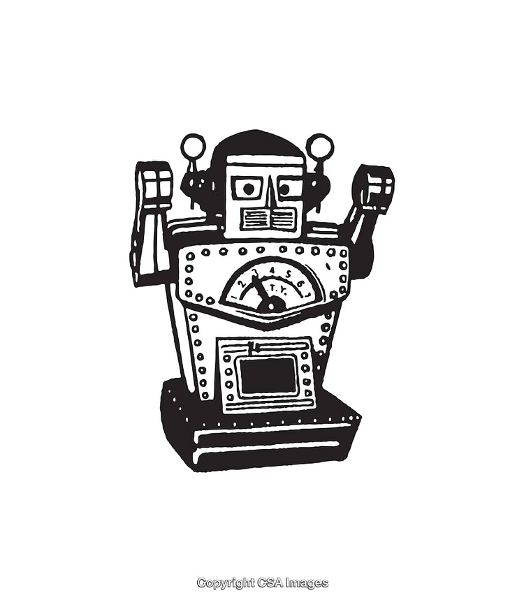 Retro Black and White Robot Line Art Illustration