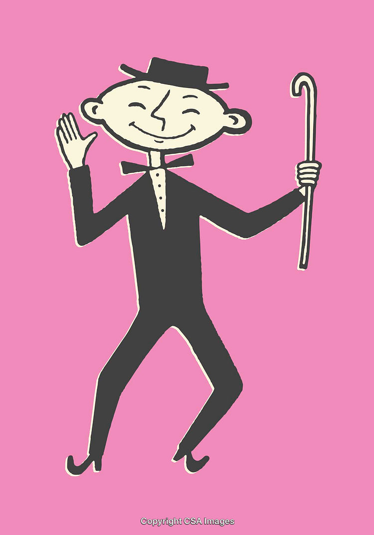 Charming Cartoon Man Dressed in Black With a Cane on Pink Background