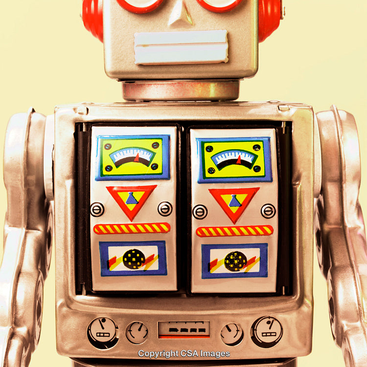 Retro Robot Toy with Colorful Details on a Light Background