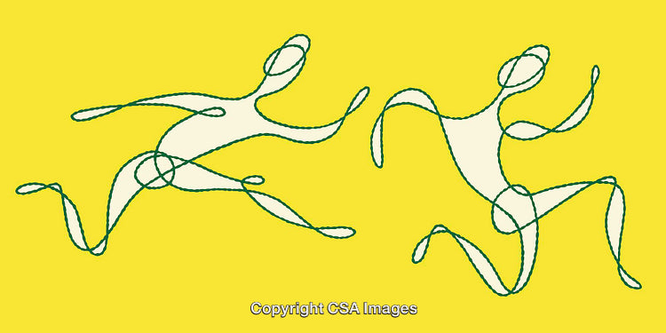 Abstract Illustration of Two Dynamic Figures in Motion on Bright Yellow Background