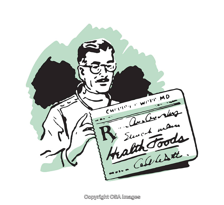 Illustration of a Doctor Holding a Prescription for Health Foods