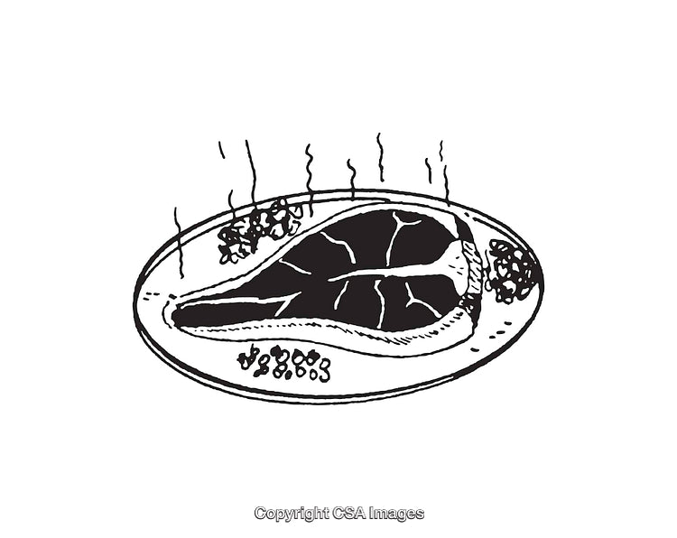 Black and White Line Art Illustration of a Cooked Steak on a Plate