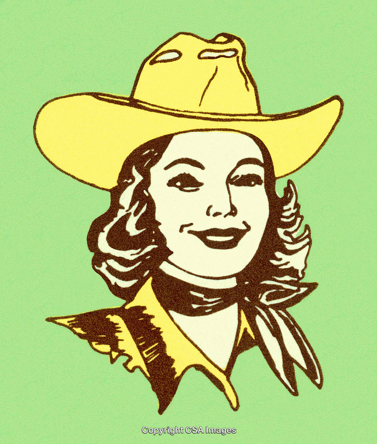 Vintage Illustration of a Smiling Cowgirl in a Yellow Hat and Scarf
