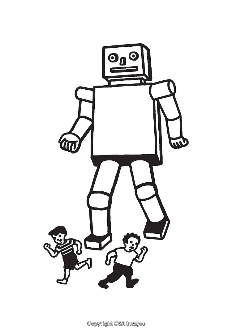 Robot Chasing Children in Black and White Comic Style Illustration