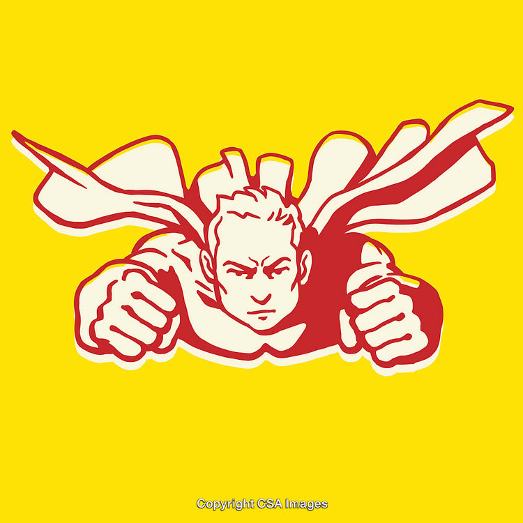 Red and Yellow Line Art of a Flying Superhero in Action Pose