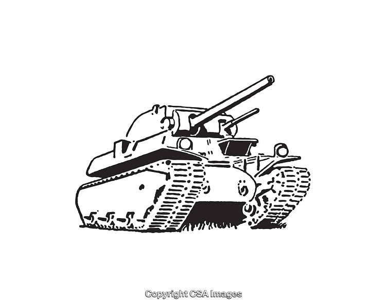 Black and White Line Art Illustration of a Military Tank