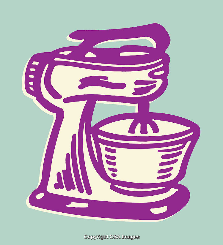 Colorful Retro Line Art Illustration of a Standing Mixer and Bowl