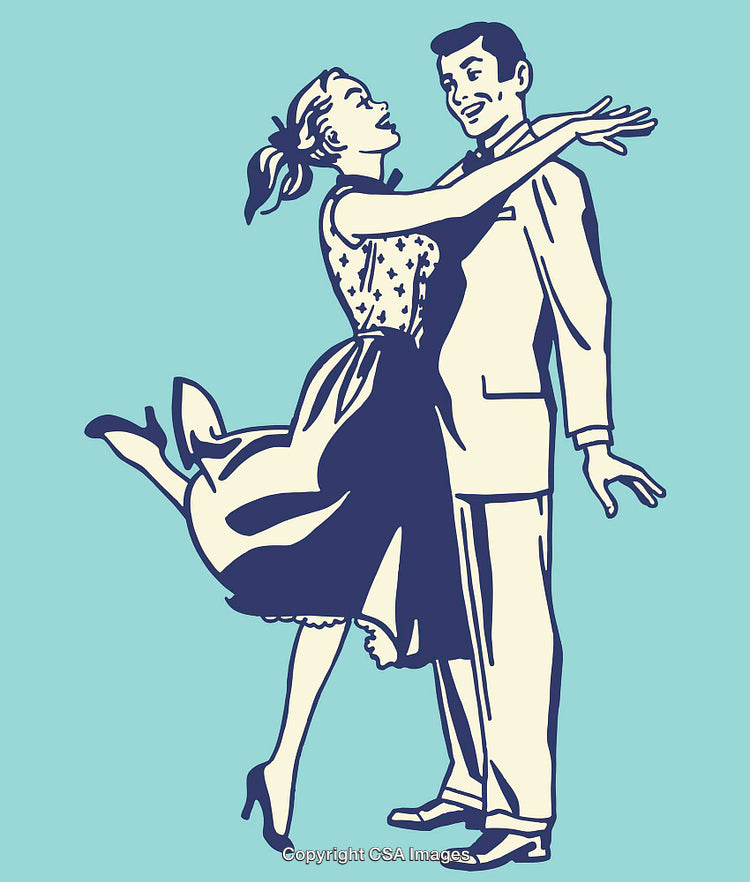 Retro Line Art Illustration of a Dancing Couple in Joyful Pose