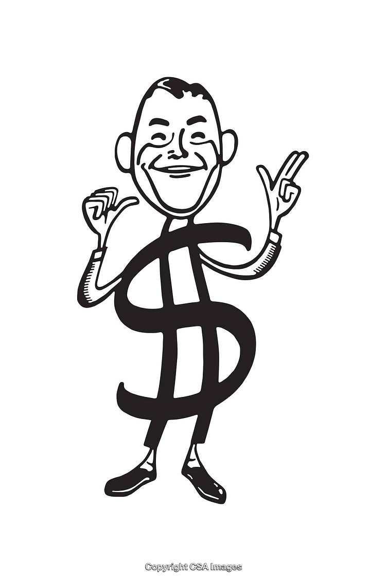 Black and White Line Art of Dollar Sign with Smiling Character