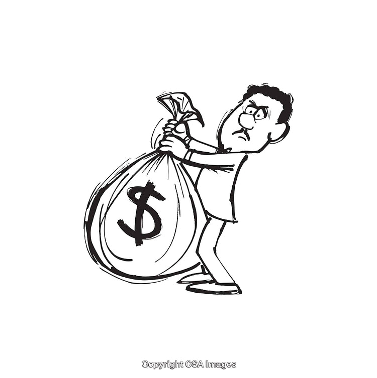 Man Struggling to Hold a Big Money Bag in Line Art Style