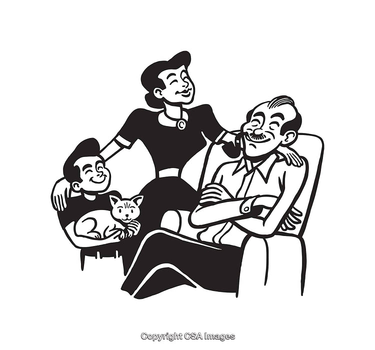 Vintage Black and White Illustration of a Smiling Family with a Cat