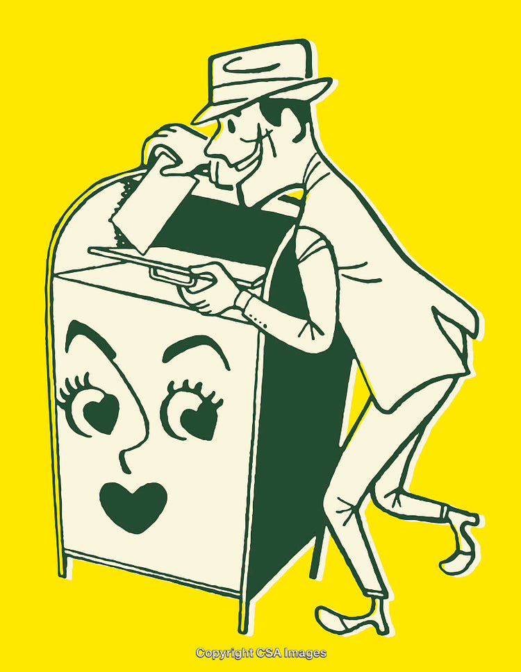 Whimsical Cartoon of Man Mailing a Letter in a Happy Mailbox