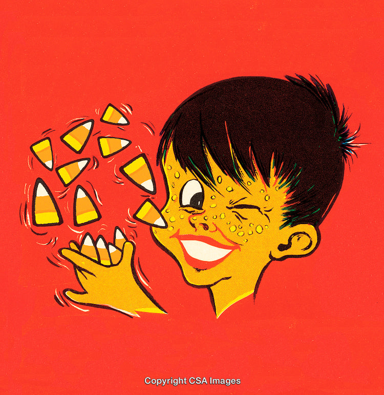 Retro Cartoon Illustration of a Boy Winking and Holding Candy Corn