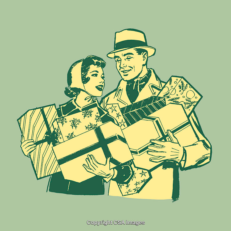 Retro Illustration of a Couple Holding Holiday Gift Boxes with Joyful Expressions