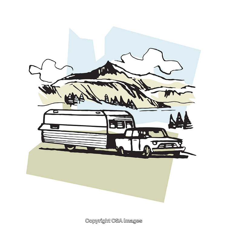 Vintage Illustration of Camping with Truck and Travel Trailer in Scenic Mountains
