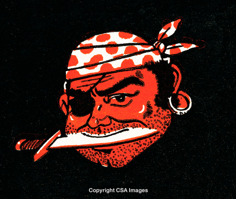 Illustrated Pirate with Bandana Holding Knife in Mouth on Black Background