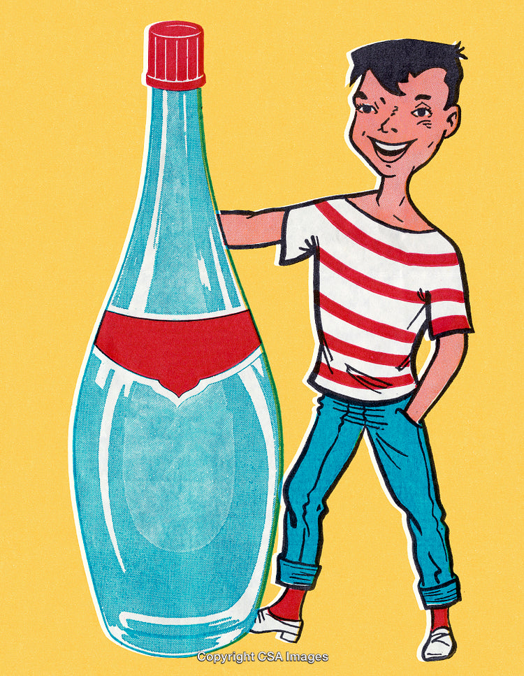 Cartoon Boy in Striped Shirt Next to a Giant Beverage Bottle