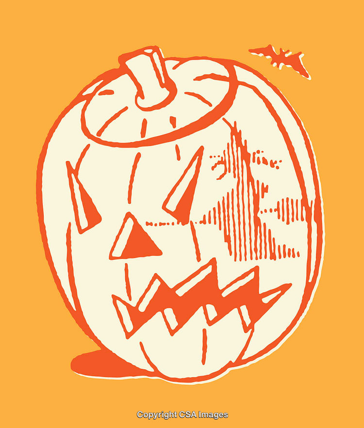 Hand-Drawn Orange Pumpkin Illustration with Jack-O'-Lantern Face on Orange Background