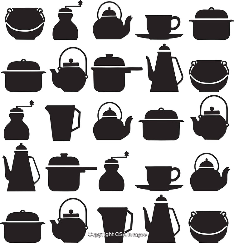 Collection of Kitchenware Silhouettes in Black and White Patterns