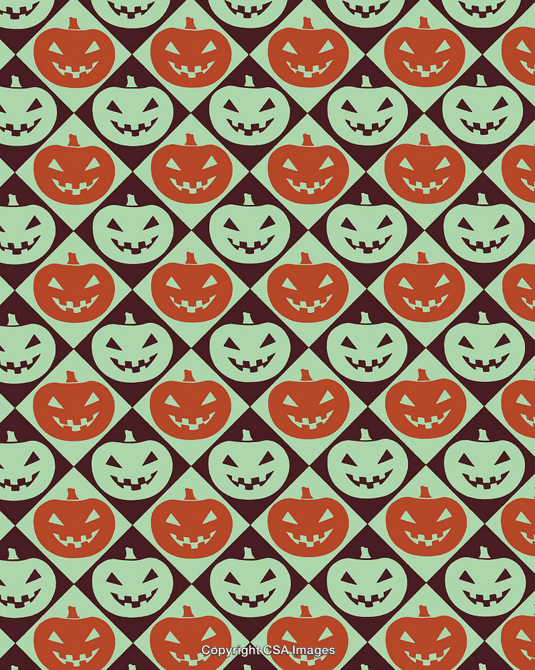 Seamless Halloween Pattern of Jack-o'-Lantern Faces in Geometric Design