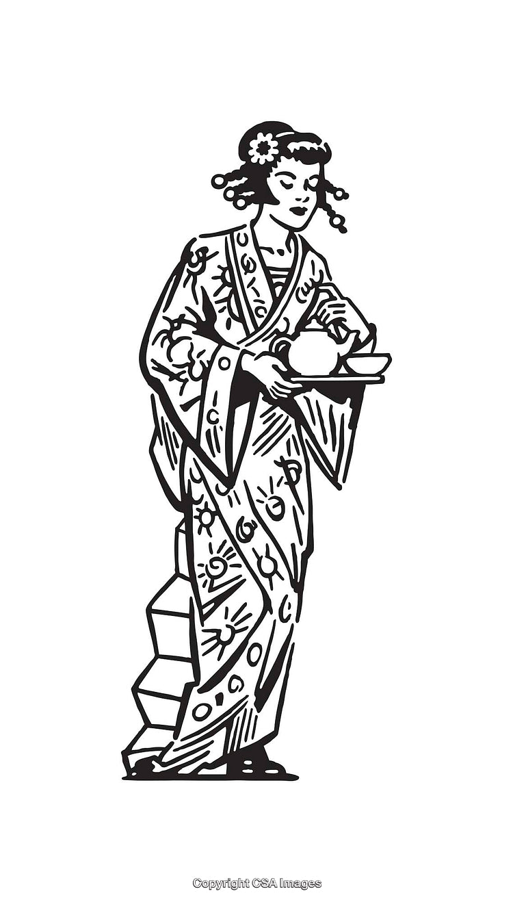 Detailed Illustration of Woman in Traditional Outfit Holding Tea Pot and Tray