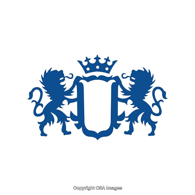 Blue Heraldic Crest With Lions and Crown Emblem on White Background