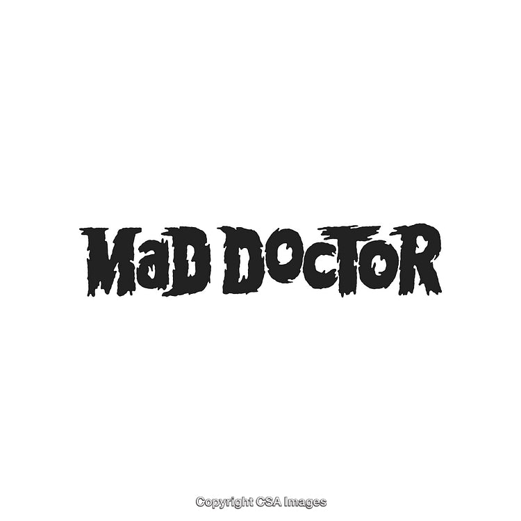 Bold Text Depicting 'Mad Doctor' in Distressed Black Typeface on White Background