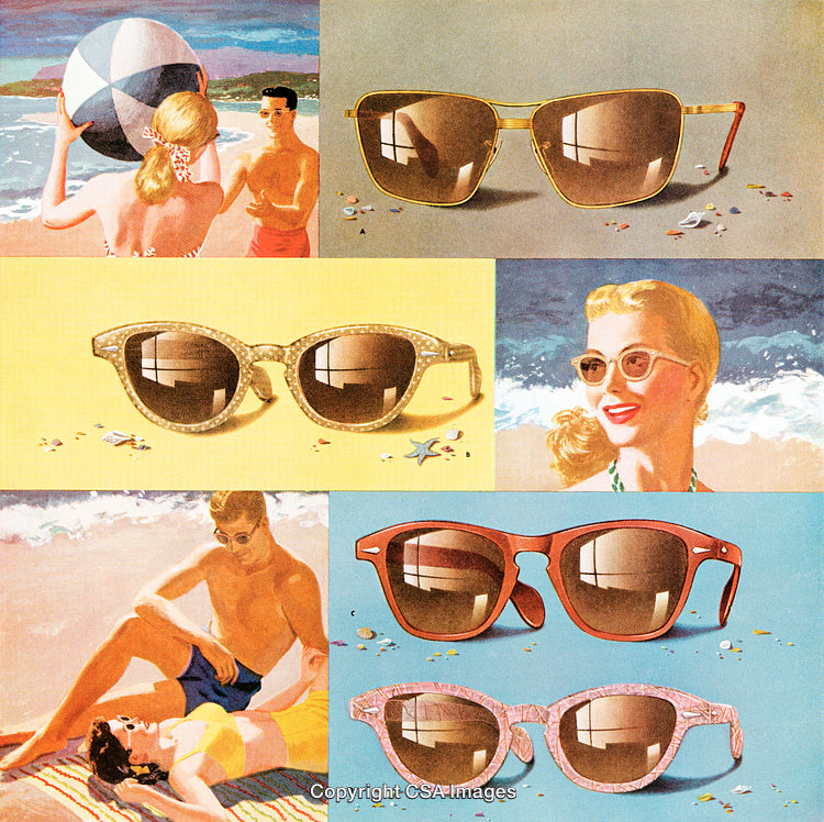 Retro Beach Scene with Sunglasses and Fashionable Individuals Depicted in Vintage Style