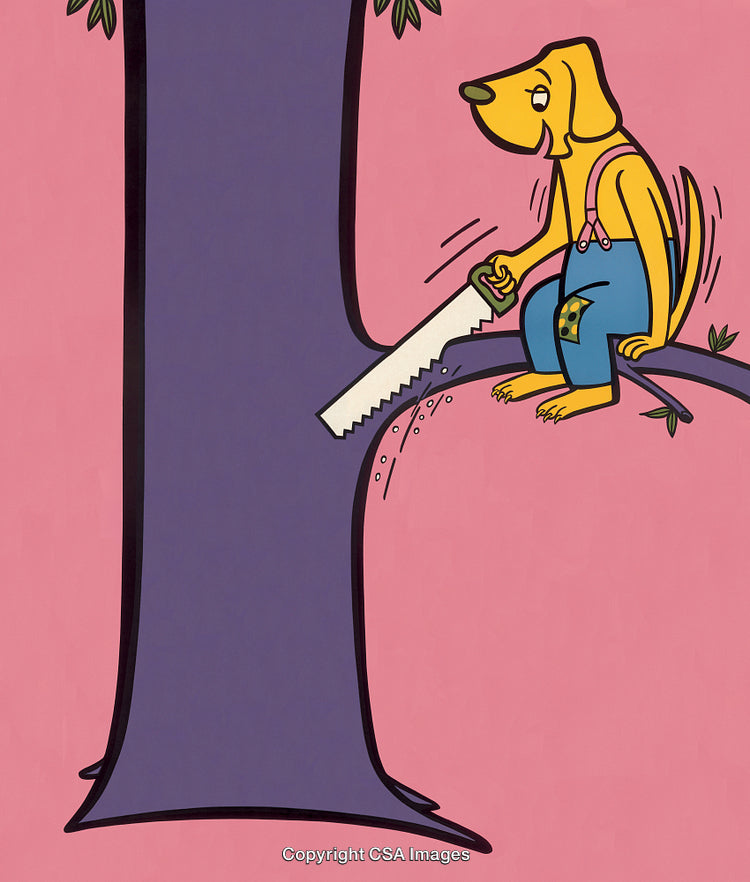 Humorous Cartoon Dog Cutting Tree Branch in Quirky Illustration